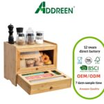 2-Tier Bamboo Bread Box Window Kitchen Countertop Food Storage Organizer Corner Farmhouse Storage Bins Large