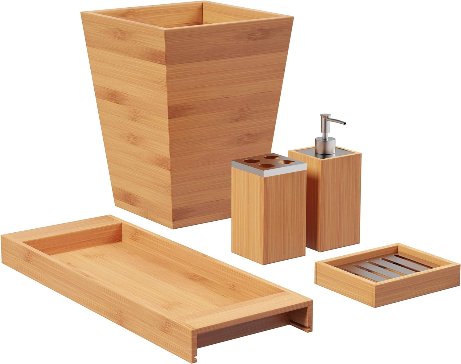 5-Piece Bathroom Decor Set - Bamboo Vanity Accessories With Trash Bin, Soap Dish, Soap Dispenser01 5-Piece Bathroom Decor Set - Bamboo Vanity Accessories With Trash Bin, Soap Dish, Soap Dispenser - Image 1