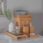 5-Piece Bathroom Decor Set - Bamboo Vanity Accessories With Trash Bin, Soap Dish, Soap Dispenser - Image 2