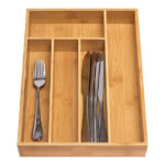 5-Slot Natural Bamboo Drawer Organizer with Silverware Tray Grooved Dividers for Cutlery Knives Utensils Storage Kitchen Bedroom