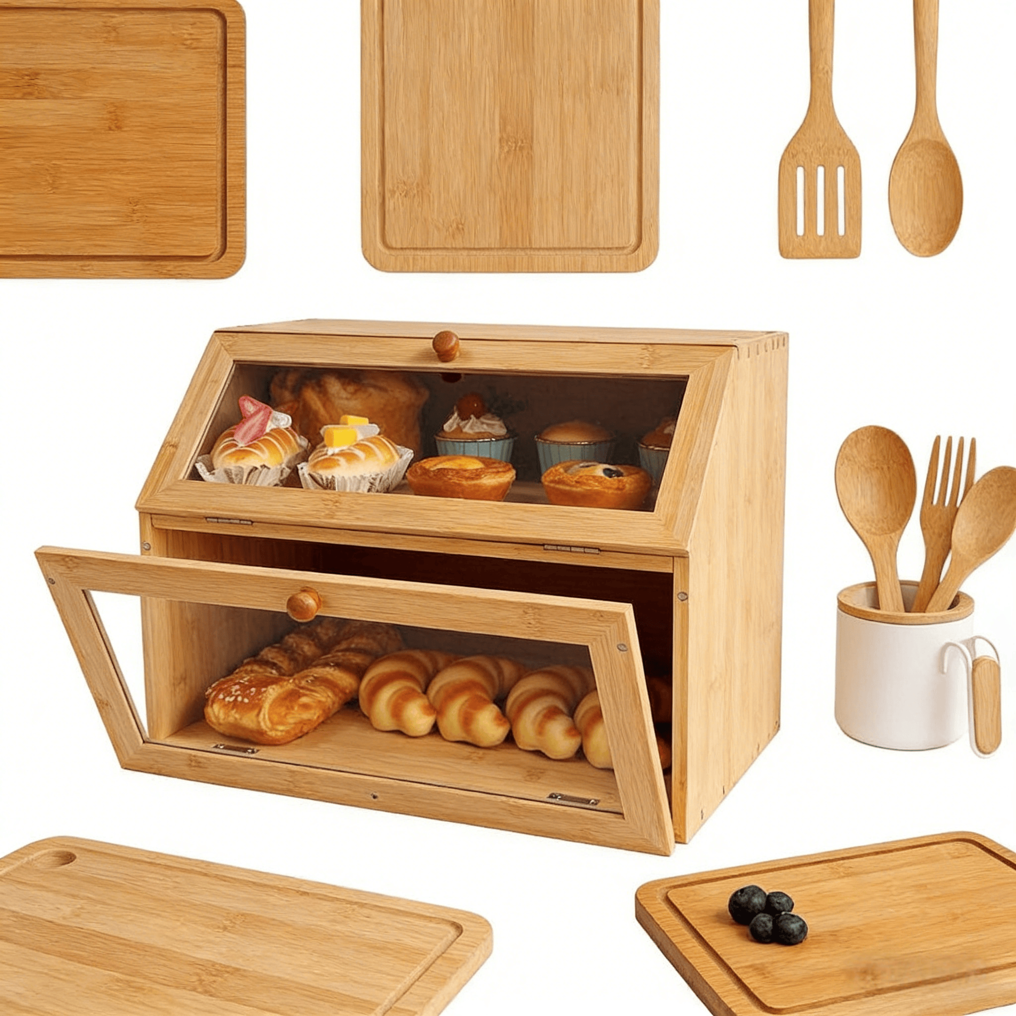 Addreen Airtight Bamboo Double Layer Visible Storage Case for Bread Bin01 Addreen Airtight Bamboo Double Layer Visible Storage Case for Bread Bin - Image 1