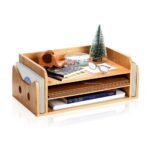 Addreen Bamboo 5-Tray Wood Desk Organizer Cute Cat-Shaped Desktop File Organizer With Letter and File Holder