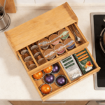 Addreen Bamboo Coffee Pod Storage Organizer Wooden Tea Bag Holder Box with Drawer Countertop Coffee Tea Station Storage