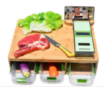 Addreen Bamboo Cutting Board With Drawers, Large Chopping Board With Juice Grooves, Easy-Grip Handles & Food Sliding Opening