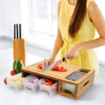 Addreen Bamboo Cutting Board With Trays Wood Butcher Block With 4 Drawers Containers Wholesale - Image 3