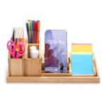 Addreen Bamboo Desk Organizer Tray 7-Piece Adjustable Office Supplies Pencil Stationery Caddy PC Holder for Living Room Use Standing