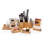 Addreen Bamboo Desk Organizer Tray 7-Piece Adjustable Office Supplies Pencil Stationery Caddy PC Holder for Living Room Use Standing - Image 2