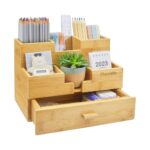 Addreen Bamboo Desk Organizer With Markers Pencil Pen and Makeup Storage Drawer Versatile Office Organizer