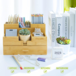 Addreen Bamboo Desk Organizer With Markers Pencil Pen and Makeup Storage Drawer Versatile Office Organizer - Image 4