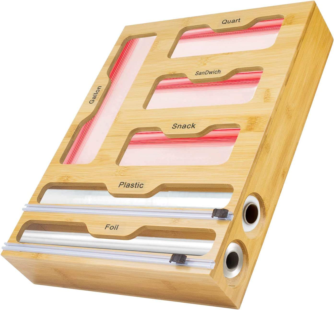 Addreen Compatible Kitchen Bamboo Drawer Ziplock Bag Organizer Bamboo , 6 in 1 Wrap Dispenser With Cutter01 Addreen Compatible Kitchen Bamboo Drawer Ziplock Bag Organizer Bamboo , 6 in 1 Wrap Dispenser With Cutter - Image 1
