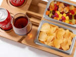 Addreen Eco-Friendly Bamboo Wood Couch Snack Caddy Tray with Cup Holder and Storage Rectangular Food Serving Tray - Image 2