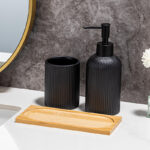 Addreen Elegant Ceramic Three-Piece Bathroom Set with Ribbed Design Black & White Hand Sanitizer Gargle Toothbrush Cups