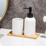 Addreen Elegant Ceramic Three-Piece Bathroom Set with Ribbed Design Black & White Hand Sanitizer Gargle Toothbrush Cups - Image 2