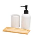 Addreen Elegant Ceramic Three-Piece Bathroom Set with Ribbed Design Black & White Hand Sanitizer Gargle Toothbrush Cups - Image 3