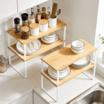 Addreen Expandable Stackable Bamboo Spice Rack, 2 Tier Modern Wood Kitchen Cabinet and Counter Shelf Organizer - Image 2