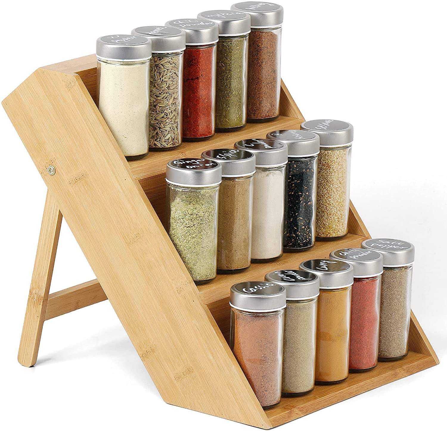 Addreen Kitchen Folding Bamboo Wood Three-Layer Modern Spice Rack Organizer with Caster01 Addreen Kitchen Folding Bamboo Wood Three-Layer Modern Spice Rack Organizer with Caster - Image 1