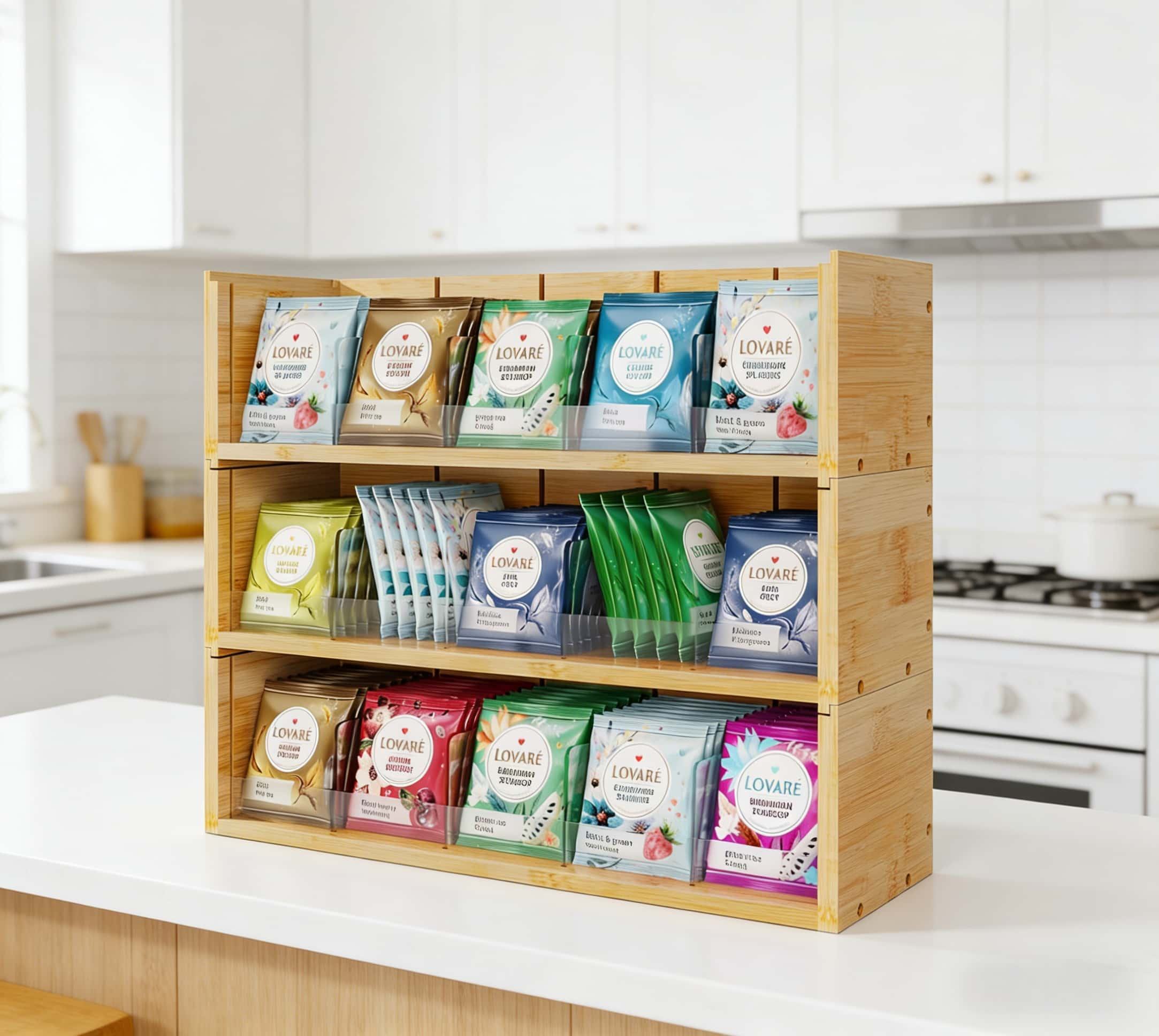 Addreen Modern 3 Tier Natural Bamboo Tea Bag Organizer - Multi-Functional Storage Box01 Addreen Modern 3 Tier Natural Bamboo Tea Bag Organizer - Multi-Functional Storage Box - Image 1