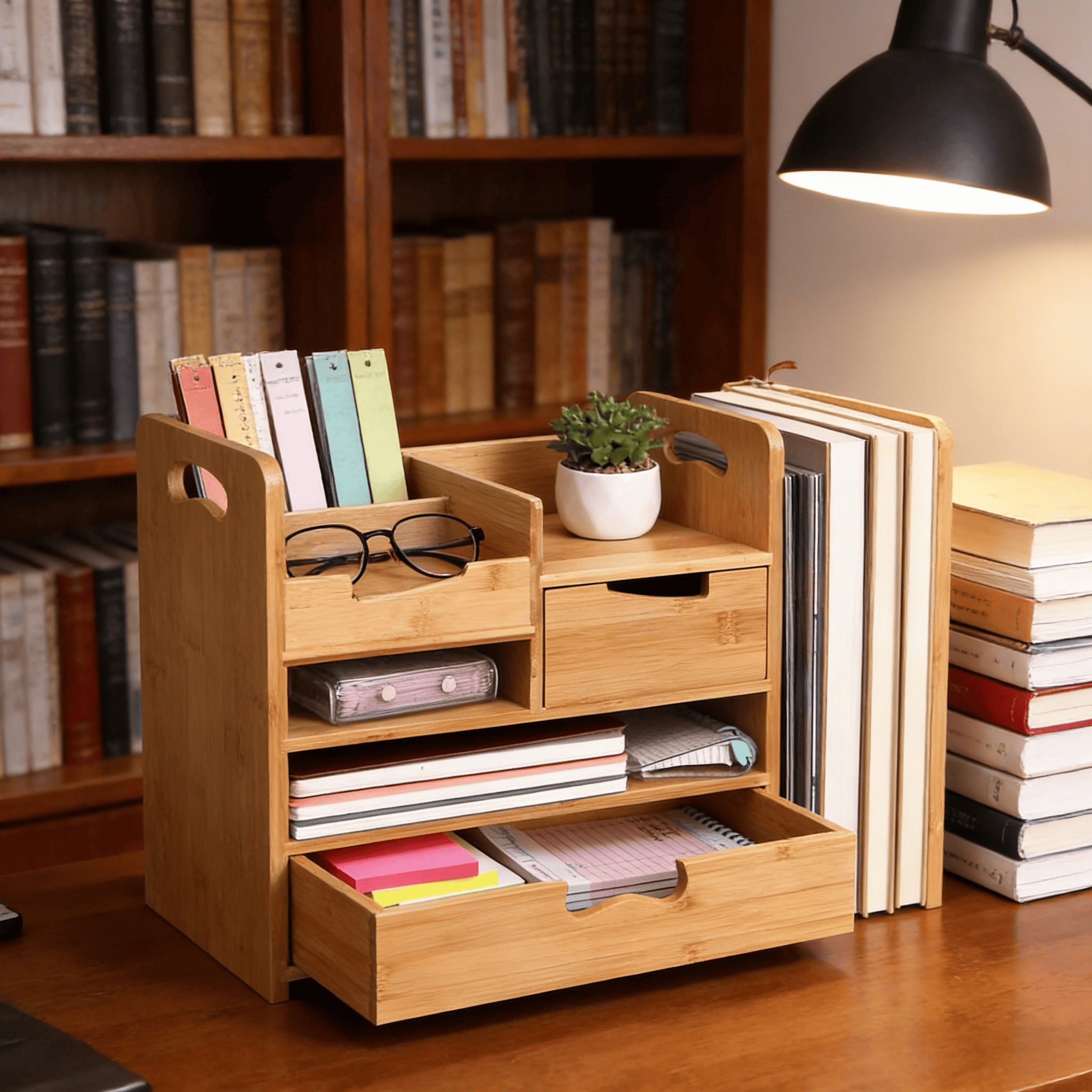 Addreen Multi-compartment Natural Bamboo Caddy for Desktop Organizer01 Addreen Multi-compartment Natural Bamboo Caddy for Desktop Organizer - Image 1