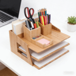 Addreen Natural Bamboo Desk Organizer 3 Tier Paper Tray with Pen Holder Eco-Friendly Desktop File Storage Rack for Home Office