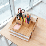 Addreen Natural Bamboo Desk Organizer 3 Tier Paper Tray with Pen Holder Eco-Friendly Desktop File Storage Rack for Home Office - Image 2