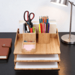 Addreen Natural Bamboo Desk Organizer 3 Tier Paper Tray with Pen Holder Eco-Friendly Desktop File Storage Rack for Home Office - Image 3