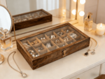 Addreen Natural Wooden Jewelry Display Tray with Clear Glass Lid 24 Compartments Jewelry Organizer for Rings Earrings Necklaces
