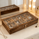Addreen Natural Wooden Jewelry Display Tray with Clear Glass Lid 24 Compartments Jewelry Organizer for Rings Earrings Necklaces