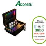 Addreen Premium Led Stash Box With Combination Lock Black Wood Storage Case With Removable Rolling Tray Glass Jars for Smokers
