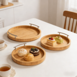 Addreen Simple Round Bamboo Wooden Tray with Metal Handle Eco Friendly Serving Tray for Home Restaurant Tea Set
