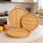 Addreen Simple Round Bamboo Wooden Tray with Metal Handle Eco Friendly Serving Tray for Home Restaurant Tea Set - Image 2