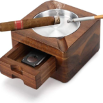 Addreen Square 4 Slots Cigar Holder With Accessories Drawer Wooden Cigar Ashtray Personalized Cigar Gifts for Men