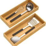 Addreen Stackable Utensil Organizer for Kitchen, Bamboo Storage Box Wood Bamboo Silverware Tray for Drawer