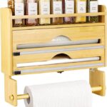Addreen Wall-Mount Bamboo Roll Organizer Holder 4 in 1 Wrap Dispenser With Cutter and Labels