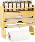 Addreen Wall-Mount Bamboo Roll Organizer Holder 4 in 1 Wrap Dispenser With Cutter and Labels