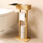 Addreen Wholesale Price Bathroom Paper Storage Rack Bamboo Standing Toilet Tissue Paper Roll Holder With Organizer Shelf