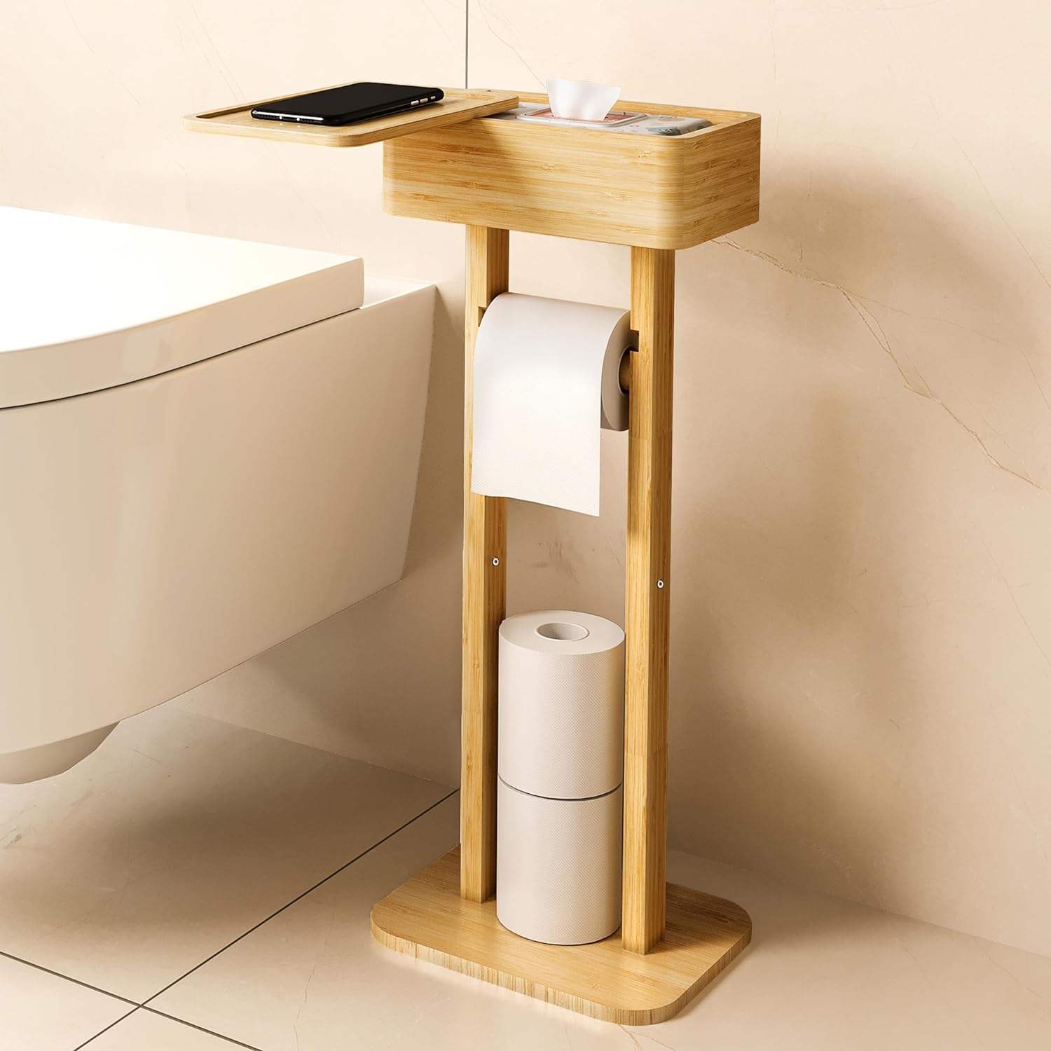 Addreen Wholesale Price Bathroom Paper Storage Rack Bamboo Standing Toilet Tissue Paper Roll Holder With Organizer Shelf01 Addreen Wholesale Price Bathroom Paper Storage Rack Bamboo Standing Toilet Tissue Paper Roll Holder With Organizer Shelf - Image 1