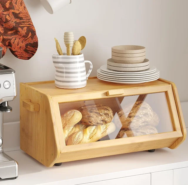 Addreen Wholesale Price Window Kitchen Bread Bin Counter Storage Organizer Food Bamboo Bread Box01 Addreen Wholesale Price Window Kitchen Bread Bin Counter Storage Organizer Food Bamboo Bread Box - Image 1