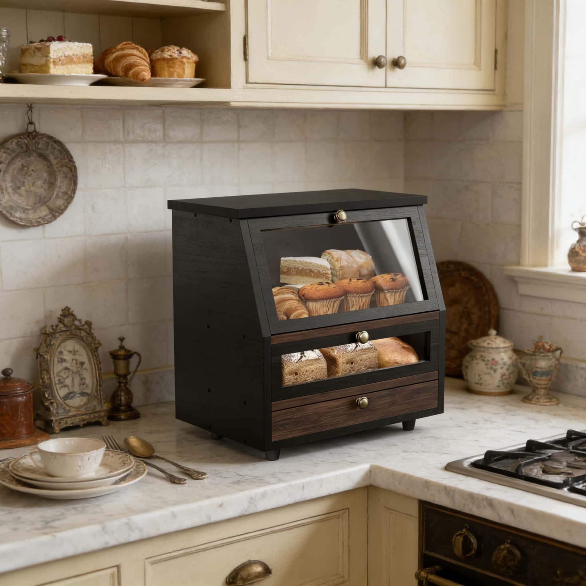 Addrren Bamboo Black Wooden Bread Box for Kitchen Countertop Extra Large Bamboo Bread Bin Organizer 2-Tier Bread Storage Holder01 Addrren Bamboo Black Wooden Bread Box for Kitchen Countertop Extra Large Bamboo Bread Bin Organizer 2-Tier Bread Storage Holder - Image 1