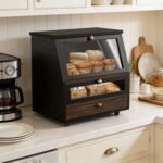 Addrren Bamboo Black Wooden Bread Box for Kitchen Countertop Extra Large Bamboo Bread Bin Organizer 2-Tier Bread Storage Holder - Image 2