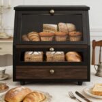 Addrren Bamboo Black Wooden Bread Box for Kitchen Countertop Extra Large Bamboo Bread Bin Organizer 2-Tier Bread Storage Holder - Image 3