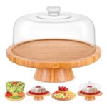Bamboo Cake Stand With Dome Multi Function 6 in 1 Cake Holder Serving Platter Round Veggie Stand and Salad Bowl