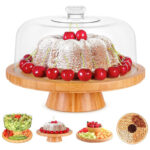 Bamboo Cake Stand With Dome Multi Function 6 in 1 Cake Holder Serving Platter Round Veggie Stand and Salad Bowl - Image 2