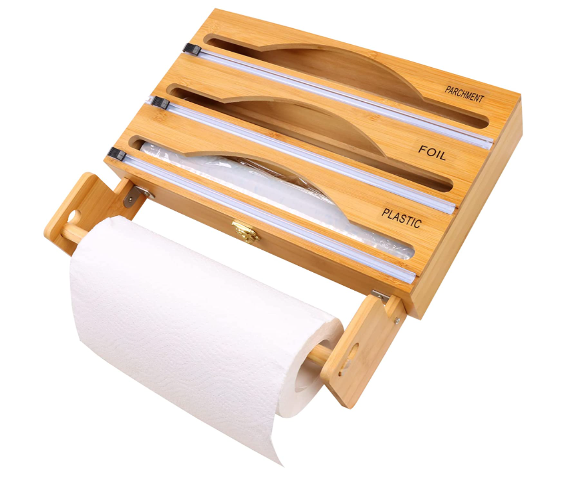 Bamboo Dispenser with Cutter for Home Kitchen Compatible with Roll Bamboo Cling Film Storage Box Rectangle Shape for Home Use01 Bamboo Dispenser with Cutter for Home Kitchen Compatible with Roll Bamboo Cling Film Storage Box Rectangle Shape for Home Use - Image 1