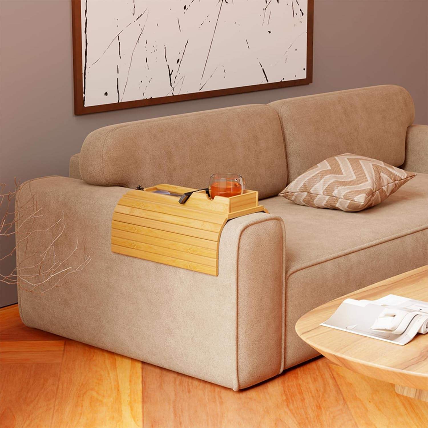 Bamboo Sofa Cup Holder Sofa Tray Cup Holder for Beverage Snacks, Multifunctional Sofa Armrest Tray03 Bamboo Sofa Cup Holder Sofa Tray Cup Holder for Beverage Snacks, Multifunctional Sofa Armrest Tray - Image 1
