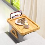 Bamboo Storage Tray Table with Clip Armrest Organizer for Drinks Remote Control Snacks on Sofa Couch Arm Rest