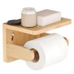 Bamboo Wall-Mounted Eco-Friendly Storage Rack No-Drill Drillable Bathroom Organizer with Toilet Paper Holder and Phone Shelf