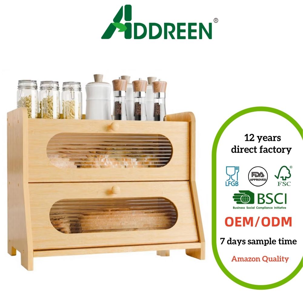 Extra Large 2-Tier Modern Bamboo Bread Box Magnetic Acrylic Door Eco-Friendly Food Grade Kitchen Countertop Cabinet Pantry03 - Image 1