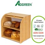 FoverOne Bamboo Bread Box with Roll-Top Design and Adjustable Middle Shelf for Kitchen Countertop Food Storage