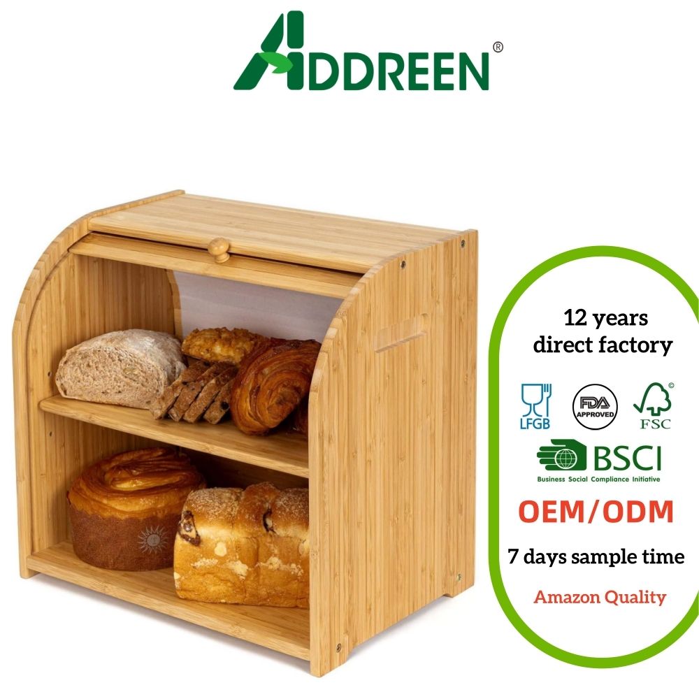 FoverOne Bamboo Bread Box with Roll-Top Design and Adjustable Middle Shelf for Kitchen Countertop Food Storage01 FoverOne Bamboo Bread Box with Roll-Top Design and Adjustable Middle Shelf for Kitchen Countertop Food Storage - Image 1