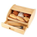 Large Double-Layered Bamboo Roll Top Bread Box Natural Wood Kitchen Countertop Food Storage with Lacquer Technique